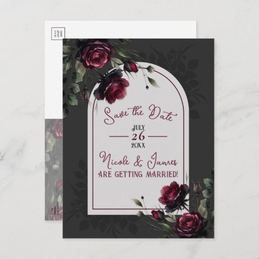 Bordeaux-Rote Rosen Schattengrau-Blütendatum Geret Ankündigungspostkarte (Vorne/Hinten)