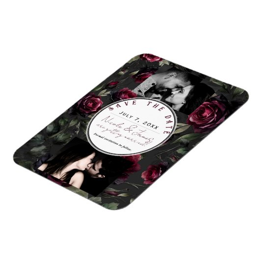 Bordeaux-Rote Rosen Schattengrau-Blütendatum Geret Magnet (Linke Seite)