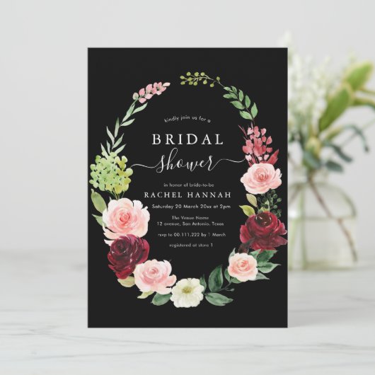 Bordeaux-Schwarz-Brautparty Einladung (Stehend Vorderseite)