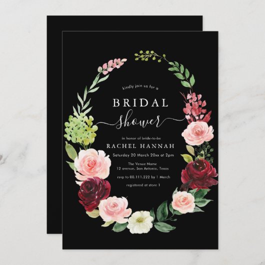 Bordeaux-Schwarz-Brautparty Einladung (Vorne/Hinten)