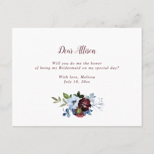 Bordeaux-staubblau werden Sie meine Bridesmaid-Kar Einladungspostkarte (Rückseite)