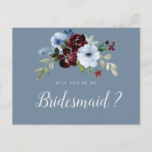 Bordeaux-staubblau werden Sie meine Bridesmaid-Kar Einladungspostkarte (Vorderseite)
