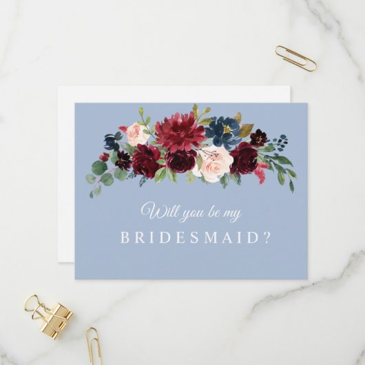 Bordeaux-staubblau werden Sie meine Bridesmaid-Kar Einladungspostkarte (Vorderseite/Rückseite Beispiel)
