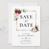 Bordeaux und Blütenrahmen Save the Date Einladung (Vorderseite)