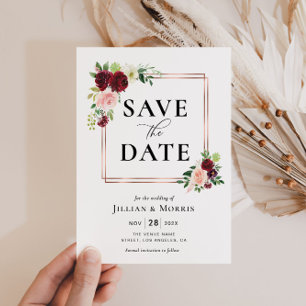 Bordeaux und Blütenrahmen Save the Date Einladung