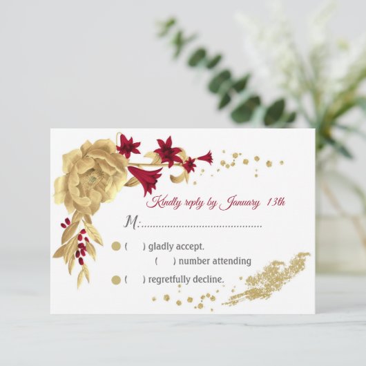Bordeaux- und Goldbarren-Blume und Goldbarren-Blät RSVP Karte (Stehend Vorderseite)