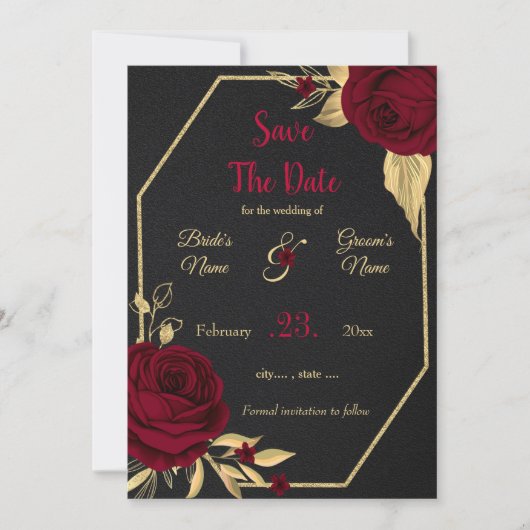 Bordeaux und goldfarbene Schwarz geometrisch geret Save The Date (Vorderseite)