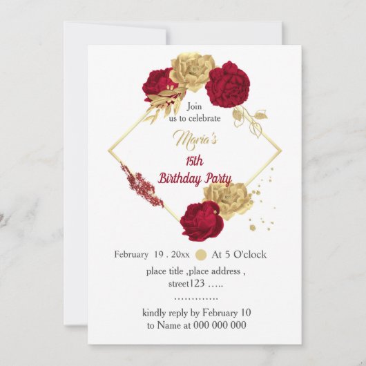 Bordeaux- und Goldgeburtstag-Blume Einladung (Vorderseite)