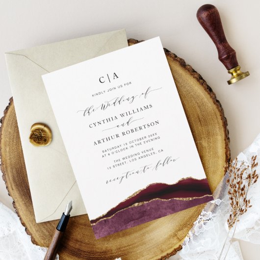 Bordeaux- und Goldhochzeit Einladung