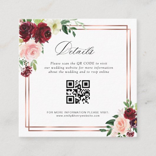 Bordeaux und Rosa qr Code Hochzeitskarte Begleitkarte (Vorderseite)