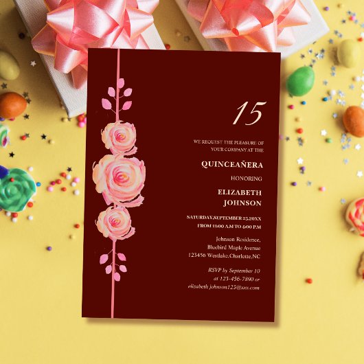 Bordeaux und Rose goldfarben elegante Quinceañera Einladung