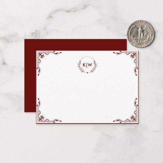 Bordeaux und Weiß | Monogram für moderne Initials Mitteilungskarte (Vorderseite/Rückseite Beispiel)