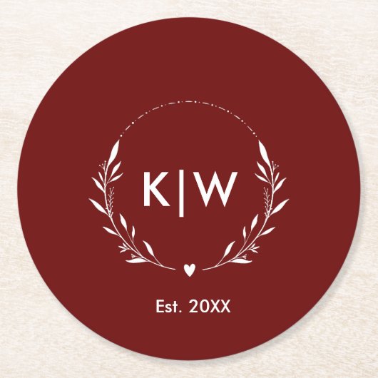 Bordeaux und Weiß | Monogram für moderne Initials Runder Pappuntersetzer (Vorderseite)