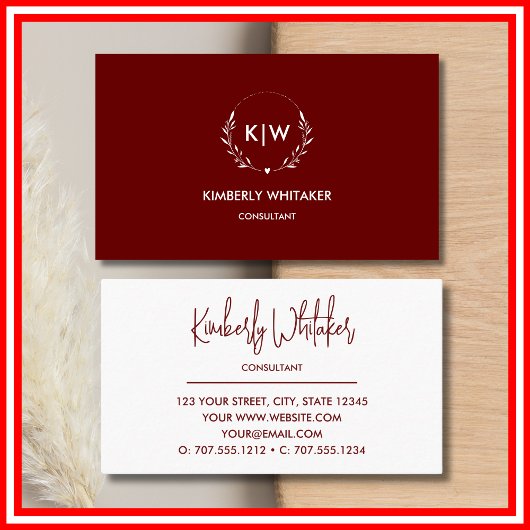 Bordeaux und Weiß | Monogram für moderne Initials Visitenkarte