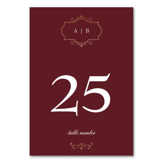 Bordeaux-Wappen-Monogramm-Hochzeit Tischnummer (Vorderseite)