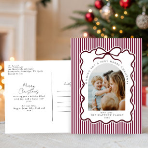 Bordeaux-Weihnachts-Schleifenband-Familienfoto-Wei Feiertagspostkarte