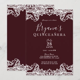 Bordeaux Wein & weiße Spitze Elegante Quinceañera Einladung