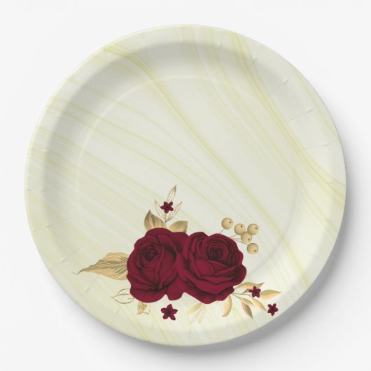 bordeauxfarbene Blume, goldene Blätter aus Marmor Pappteller (Vorderseite)