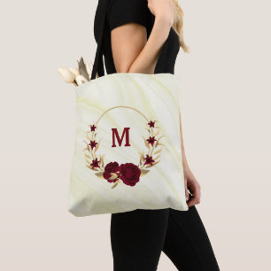 bordeauxfarbene Blume, goldene Blätter aus Marmor Tasche