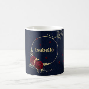bordeauxfarbene Blume goldene Blätter marineblaue Kaffeetasse