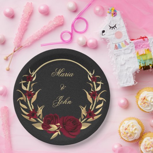 bordeauxfarbene Blume goldene Blätter schwarz Pappteller (Party)