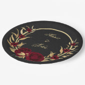 bordeauxfarbene Blume goldene Blätter schwarz Pappteller (Schrägansicht)