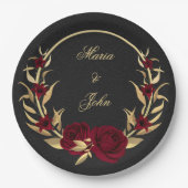 bordeauxfarbene Blume goldene Blätter schwarz Pappteller (Vorderseite)