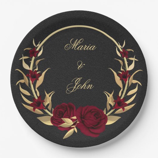 bordeauxfarbene Blume goldene Blätter schwarz Pappteller (Vorderseite)