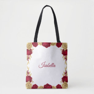 bordeauxfarbene Blume und goldene Blätter weiß Tasche