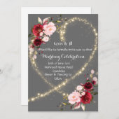 bordeauxfarbenes Blumenherz & Glitzer, Hochzeit ei Einladung (Vorne/Hinten)