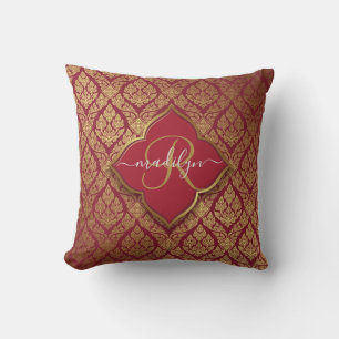 Bordeauxrot Gold Fleur Damast Muster Monogramm Kissen