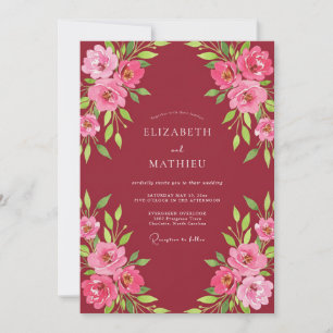 Bordeauxrote Fuchsien-Rosen-Hochzeit Einladung