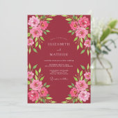 Bordeauxrote Fuchsien-Rosen-Hochzeit Einladung (Stehend Vorderseite)