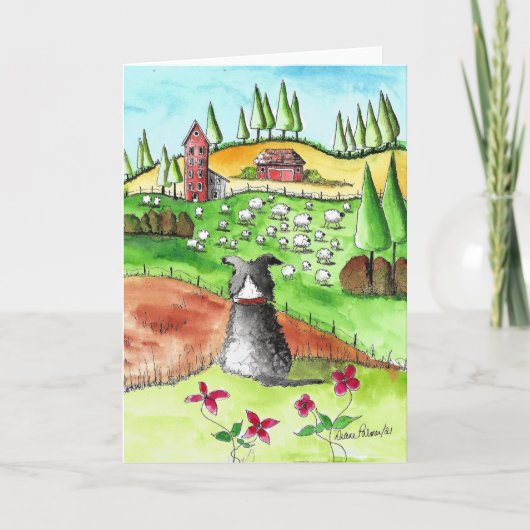 Border Collie and Sheep, Wassercolor Folk Card Karte (Vorderseite)