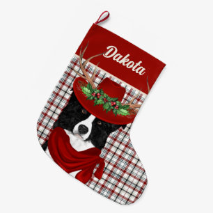 Border Collie and Western Pläd with Dog's Name Großer Weihnachtsstrumpf