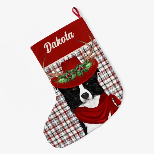 Border Collie and Western Pläd with Dog's Name Großer Weihnachtsstrumpf (Rückseite (Hängend))