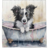 Border Collie Bathtub Wasserfarbener Hund Kunst Duschvorhang (Vorderseite)