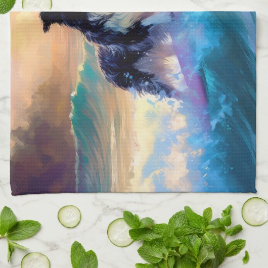 Border Collie Beach Surf Malerei Geschirrtuch (Gefaltet)