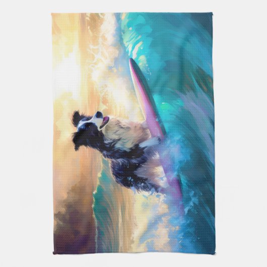 Border Collie Beach Surf Malerei Geschirrtuch (Vertikal)