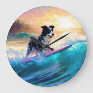 Border Collie Beach Surf Malerei Große Wanduhr