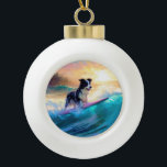 Border Collie Beach Surf Malerei Keramik Kugel-Ornament<br><div class="desc">Tauchen Sie ein in die spielerische Welt des Kaninchen-Abenteuers mit diesem faszinierenden Bild. Ein gepflegter Hund geht zu den Wellen und reitet geschickt auf einem sonnengeküssten Strand. Das lebendige Kunstwerk vereint wunderbar das Wesentliche der Erregung am Strand, während der Hund furchtlos auf den Wellen reitet und den Geist von Spaß...</div>