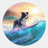 Border Collie Beach Surf Malerei Runder Aufkleber (Vorderseite)
