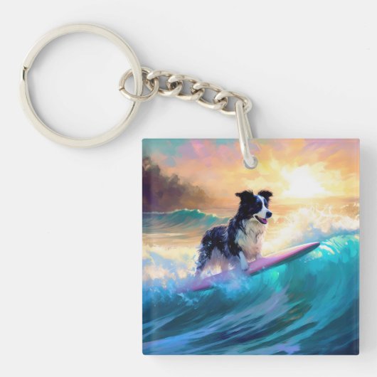 Border Collie Beach Surf Malerei Schlüsselanhänger (Vorderseite)