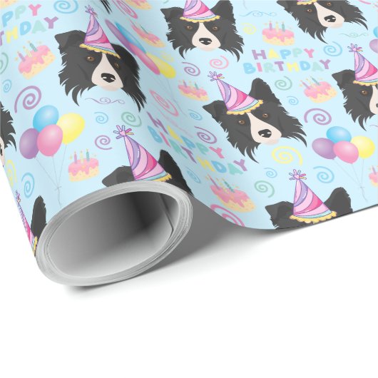 Border Collie Birthday Gift Wrapping Paper Blue Geschenkpapier (Rolleneckpunkt)