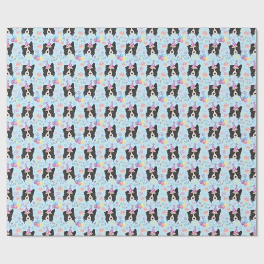 Border Collie Birthday Gift Wrapping Paper Blue Geschenkpapier (Flach)