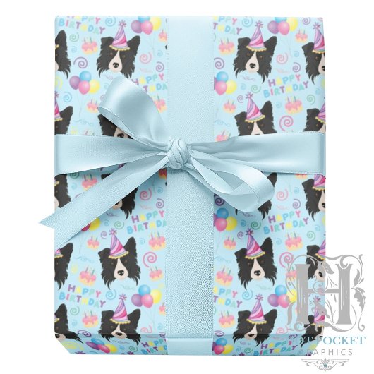 Border Collie Birthday Gift Wrapping Paper Blue Geschenkpapier