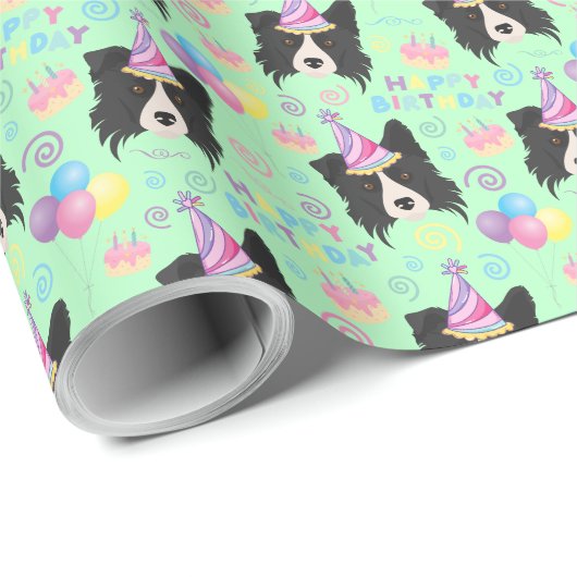 Border Collie Birthday Gift Wrapping Paper Green Geschenkpapier (Rolleneckpunkt)