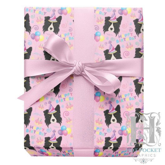 Border Collie Birthday Gift Wrapping Paper Pink Geschenkpapier