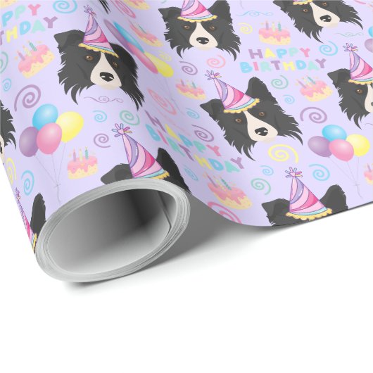 Border Collie Birthday Gift Wrapping Paper Purple Geschenkpapier (Rolleneckpunkt)