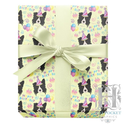 Border Collie Birthday Gift Wrapping Paper Yellow Geschenkpapier